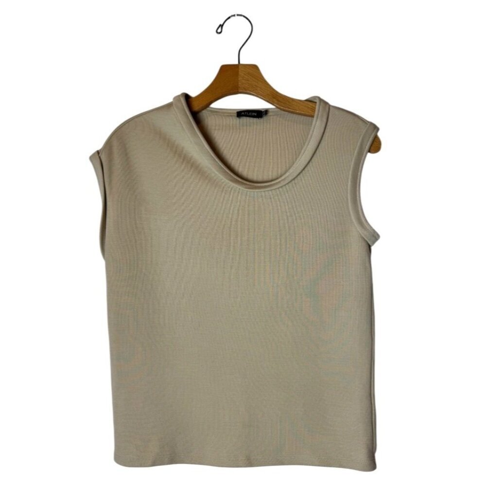 Atlein‎ Shirt Women 4 Tan Beige Knit Sleeveless Asymmetric Neckline Tee